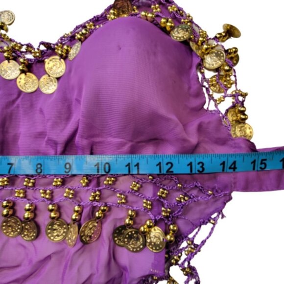 Purple Belly Dancing Top Crocheted with Gold Beads Coins Halter Crop Top - Picture 5 of 6